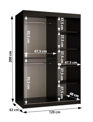 Ramiro I Contemporary 2 Sliding Door Wardrobe 5 Shelves 2 Rails Black Matt (H)2000mm (W)1200mm (D)620mm