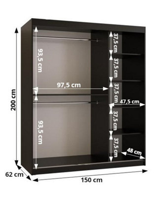 Ramiro I Contemporary 2 Sliding Door Wardrobe 5 Shelves 2 Rails Black Matt (H)2000mm (W)1500mm (D)620mm