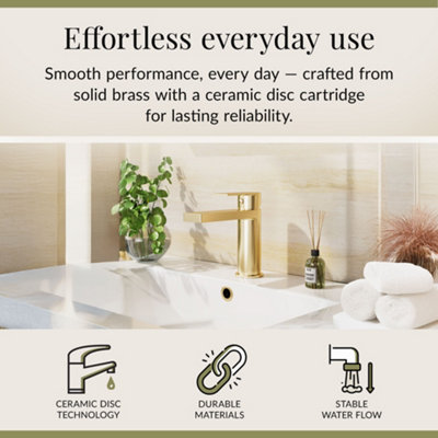 Ranton Contemporary Square Mono Basin Mixer Tap & Push Button Waste - Brushed Brass - Balterley