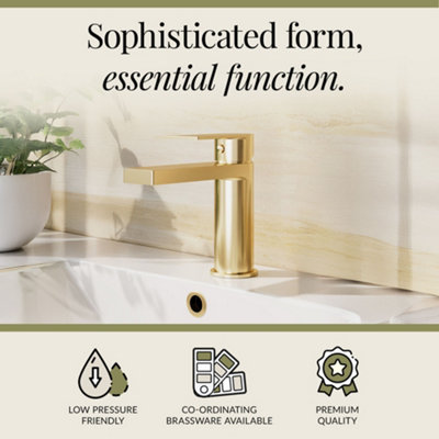 Ranton Contemporary Square Mono Basin Mixer Tap & Push Button Waste - Brushed Brass - Balterley