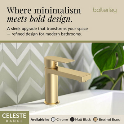 Ranton Contemporary Square Mono Basin Mixer Tap & Push Button Waste - Brushed Brass - Balterley