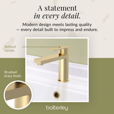 Ranton Contemporary Square Mono Basin Mixer Tap & Push Button Waste - Brushed Brass - Balterley