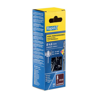 Rapid Aluminium Rivets 4.8 x 12mm For Material Fastening Mudguards Metal Plastic Coverings 50 Pieces & Drill Box