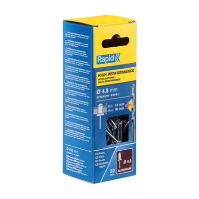 Rapid Aluminium Rivets 4.8 x 20mm  For Material Fastening Mudguards Metal Plastic Coverings 50 Pieces & Drill Box