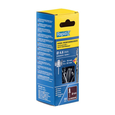 Rapid Aluminium Rivets 4.8 x 25mm  For Material Fastening Mudguards Metal Plastic Coverings 50 Pieces & Drill Box