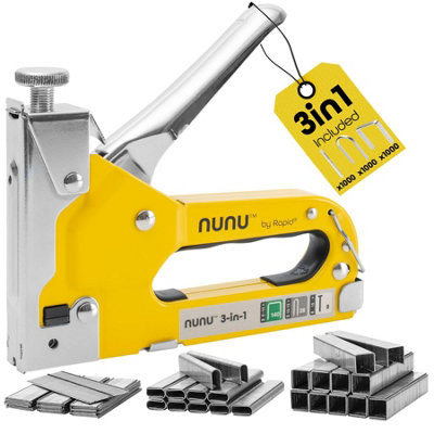 Rapid NUNU Staple Gun 3-in-1 Heavy Duty Stapling Walls Wood DIY Upholstery Carpet Fitting Cable Stapler with 3000 Staples & Brads