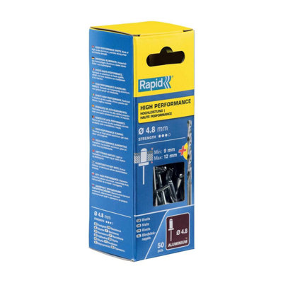 Rapid Rivets 4.8 x 16mm For Material Fastening Mudguards Metal Plastic Coverings 50 Pieces & Drill Box