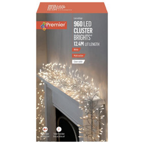 Raraion - 960 LED White Cluster Christmas Lights, Multi Action, with Clear Cable and Timer, 12m