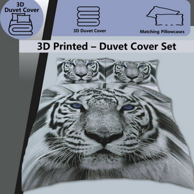 Rare White Snow Tiger Bed Set - 3D Animal Printed SINGLE Beddings Duvet Cover + One Matching Pillowcase