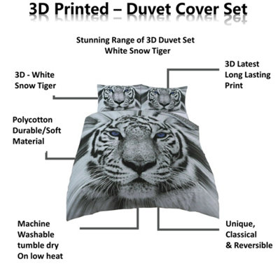 Rare White Snow Tiger Bed Set - 3D Animal Printed SINGLE Beddings Duvet Cover + One Matching Pillowcase