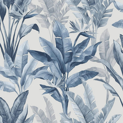 Rasch Akari Madagascar Leaf Wallpaper Tropical Banana Palm Tree Leaves Flowers Blue 282893