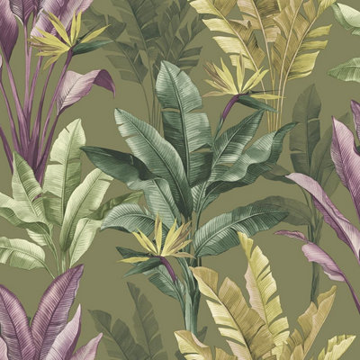 Rasch Akari Madagascar Leaf Wallpaper Tropical Banana Palm Tree Leaves Flowers Olive Green Purple 282886