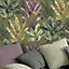 Rasch Akari Madagascar Leaf Wallpaper Tropical Banana Palm Tree Leaves Flowers Olive Green Purple 282886