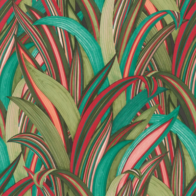 Rasch Amazing Tropical Grasses Teal Red and Green Wallpaper