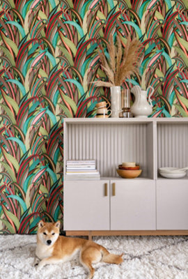 Rasch Amazing Tropical Grasses Teal Red and Green Wallpaper