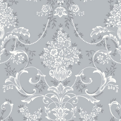 Rasch Amelie Damask Floral Blue White Wallpaper Roll Bedroom Hallway Wall Decor Full Roll