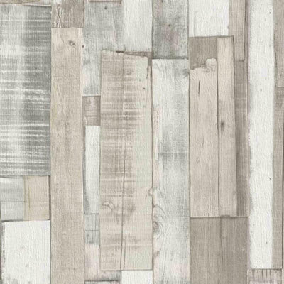 Rasch Beige Grey White Rustic Wood Panel Plank Pallet Effect Wallpaper