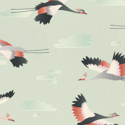 Rasch Crane Bird Green Wallpaper