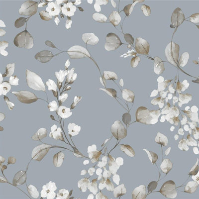 Rasch Elegant Homes Rosalie Floral Flowers Leaf Trail Powder Blue Wallpaper
