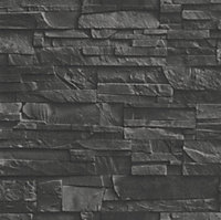 Rasch Factory Faux slate 3D effect Black Wallpaper
