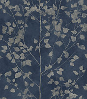 Rasch Finca Shimmering Leaves Midnight blue and Silver Wallpaper