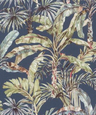 Rasch Florentine Tropical Palms Cobalt Blue and Green Wallpaper