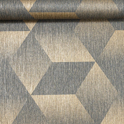 Rasch Geometric 3D Effect Cube Metallic Gold Charcoal Shadow Shimmer Wallpaper