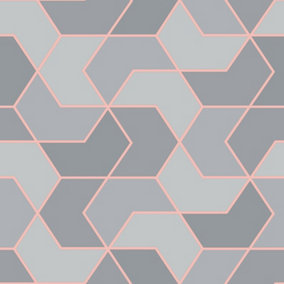Rasch Geometric Blue Grey Metallic Rose Gold Shapes Wallpaper 270334