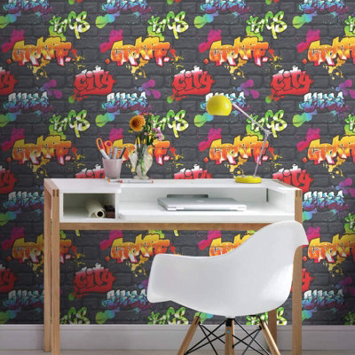 Muriva Sand Stone Wall Brick Pattern Gold Motif Vinyl Wallpaper E62907
