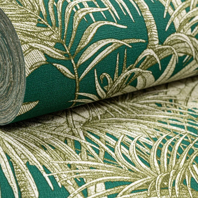 RASCH Green Tropical Wallpaper Non Woven Textured Vinyl White Jungle Trees Theme