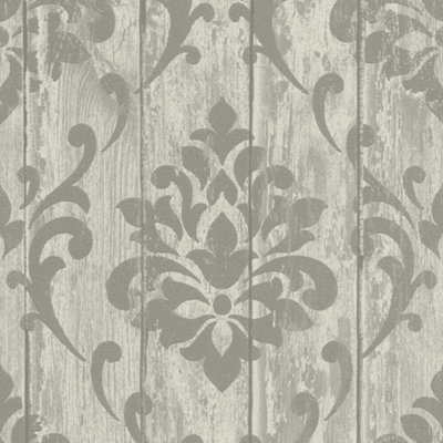 Rasch Grey Bark Damask Panel Wallpaper 625967