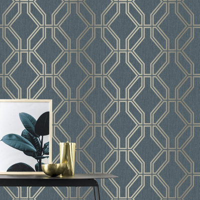 Rasch Highgrove Trellis Navy Blue and Gold Wallpaper