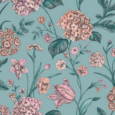 Rasch Hydrangea Teal Green Printed Wallpaper Roll Bedroom Hallway Wall Décor Sample Only