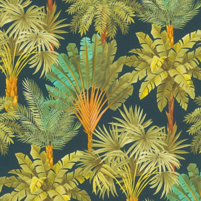 Rasch Jungle Trees Navy Green Wallpaper Textured Modern Paste The Wall ...