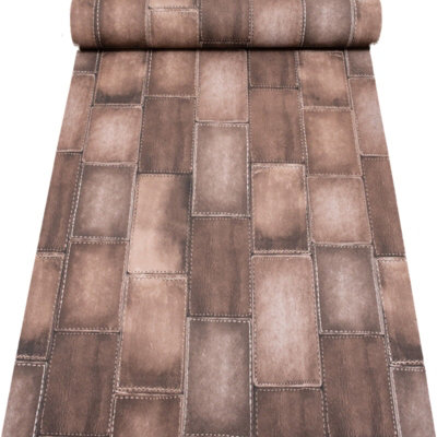 Rasch Leather Patch Effect Stitch Brick Brown Embossed Vinyl Wallpaper 475852