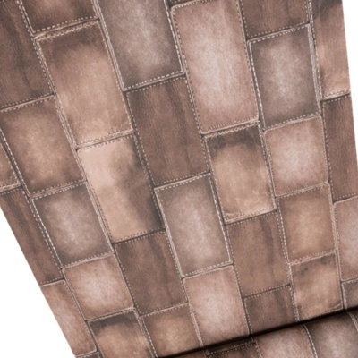 Rasch Leather Patch Effect Stitch Brick Brown Embossed Vinyl Wallpaper 475852