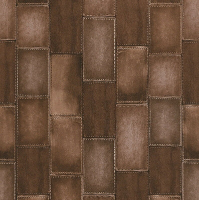 Rasch Leather Patch Effect Stitch Brick Brown Embossed Vinyl Wallpaper 475852