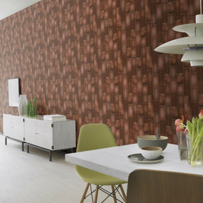 Rasch Leather Patch Effect Stitch Brick Brown Embossed Vinyl Wallpaper 475852