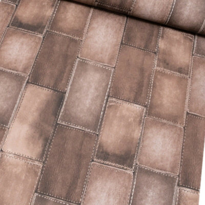 Rasch Leather Patch Effect Stitch Brick Brown Embossed Vinyl Wallpaper 475852