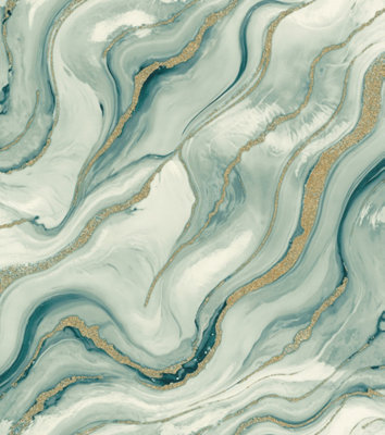 Rasch Liquid Marble Effect Non-Woven Wallpaper Green Gold 497632
