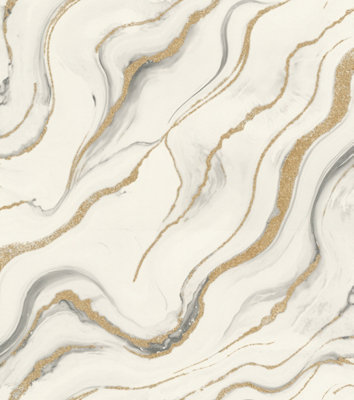 Rasch Liquid Marble Effect Non-Woven Wallpaper White Gold 497618