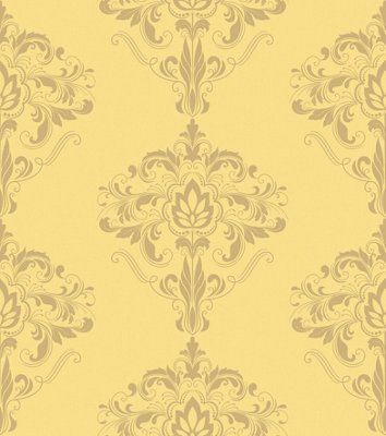 Rasch Marlow Damask Wallpaper Yellow Gold Metallic Shimmer Floral