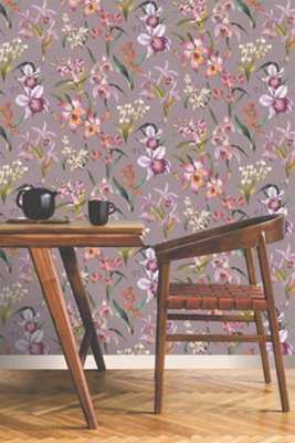 Rasch Maya Orchard Lilac Floral Tropical Leaves Wallpaper 283661