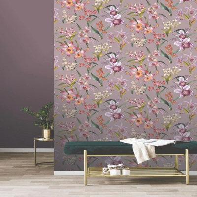 Rasch Maya Orchard Lilac Floral Tropical Leaves Wallpaper 283661
