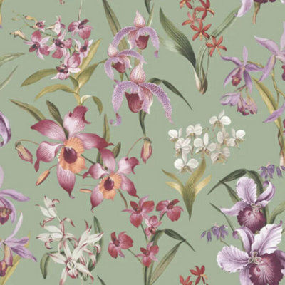 Rasch Maya Orchard Sage Green Floral Tropical Leaves Wallpaper 283654