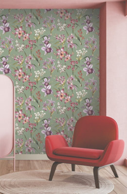 Rasch Maya Orchard Sage Green Floral Tropical Leaves Wallpaper 283654