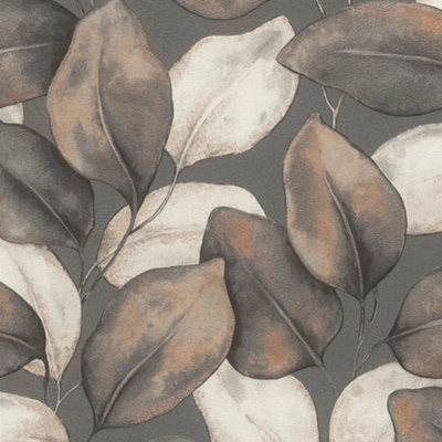 Rasch Opulenza Leaf Charcoal & Copper Rust Wallpaper 659887