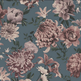 Rasch Oriental Floral Teal Floral Wallpaper 283050