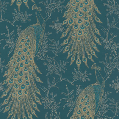 Rasch Pandore Proud Peacock Teal and Gold Wallpaper DIY at B&Q