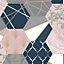Rasch Patchwork Geometric Hexagon Metallic Pink Blush Navy Grey Gold Wallpaper